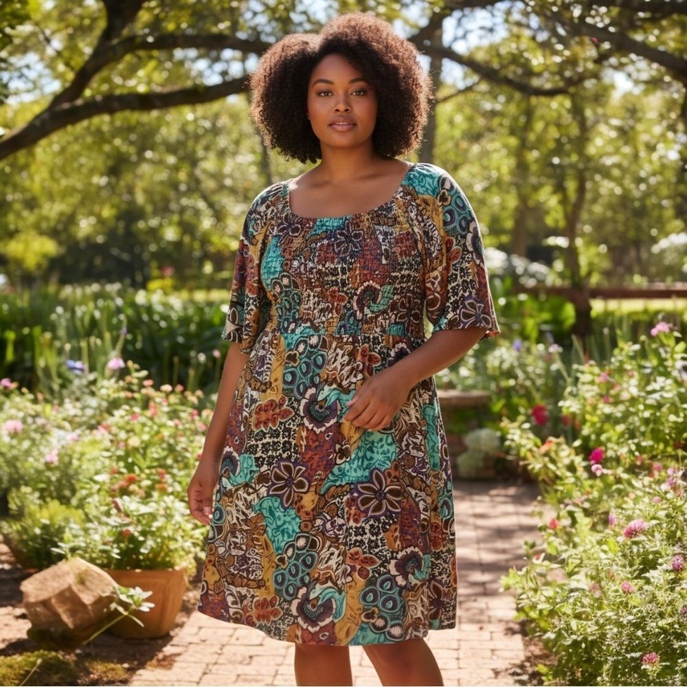 New Direction Smocked & Colorful Floral Dress 2X